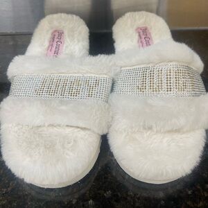 Juicy Couture White Furry Slippers with Rhinestone Accent size M